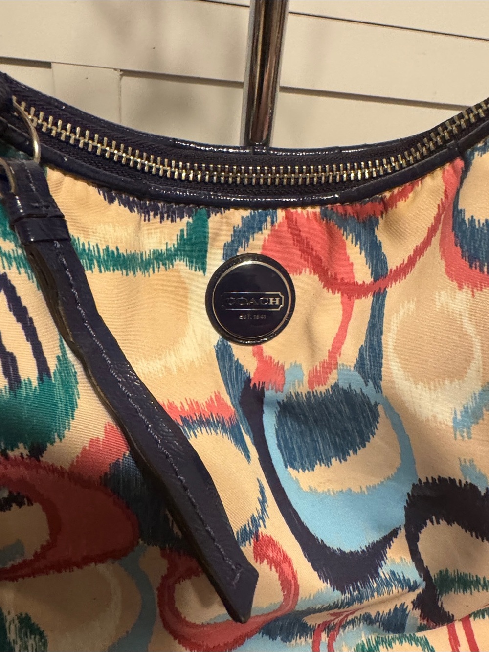 COACH Multicolor Swirl Print Ikat Shoulder Bag with Navy Trim - Picture 2 of 4